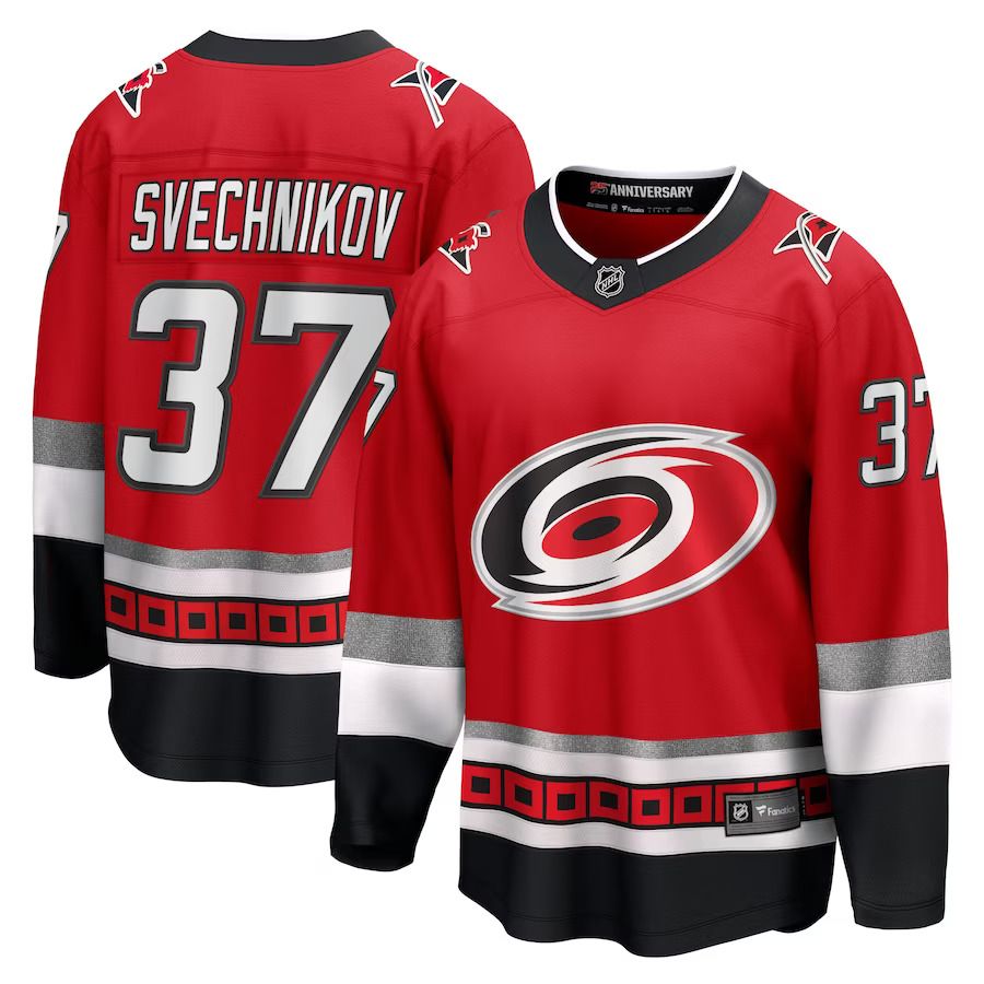Men Carolina Hurricanes #37 Andrei Svechnikov Fanatics Branded Red 25th Anniversary Premier Breakaway Player NHL Jersey->carolina hurricanes->NHL Jersey